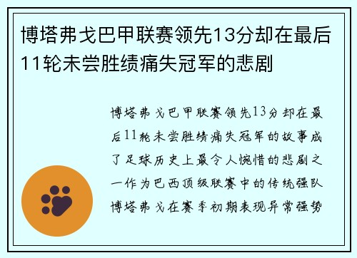 博塔弗戈巴甲联赛领先13分却在最后11轮未尝胜绩痛失冠军的悲剧