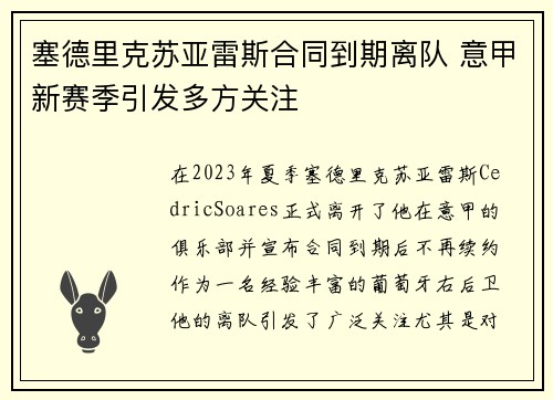 塞德里克苏亚雷斯合同到期离队 意甲新赛季引发多方关注