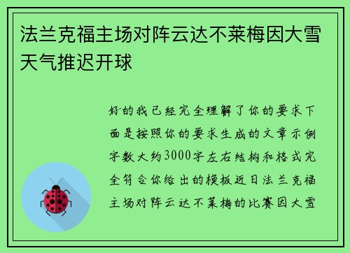 法兰克福主场对阵云达不莱梅因大雪天气推迟开球